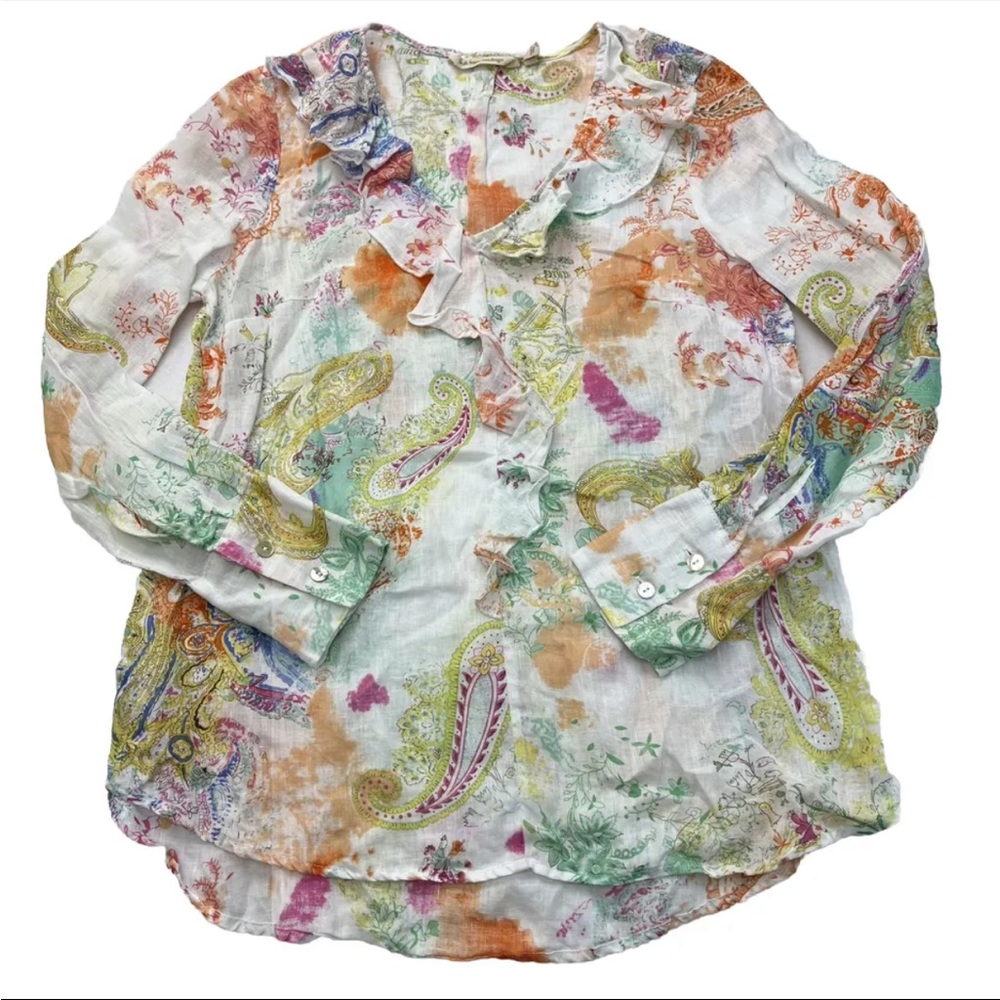 Soft Surroundings Womens Linen Blouse Size XS Ruffle V-neck Paisley Floral